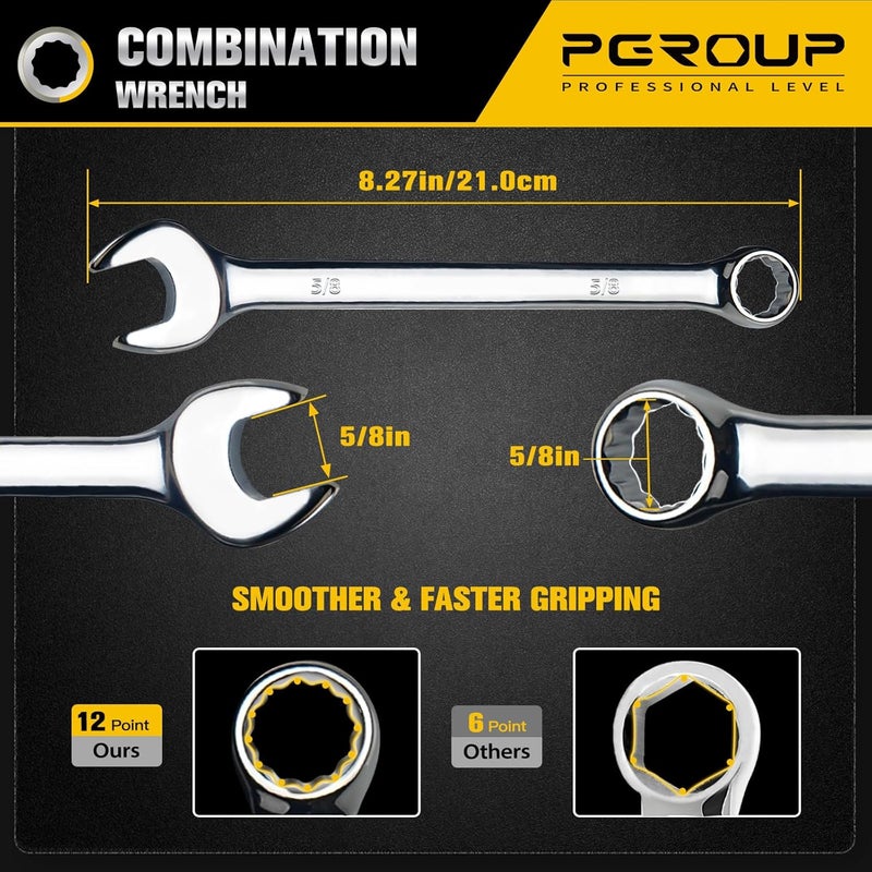 pgroup 5/8" SAE Combination Wrench, CR-V Steel with Mirror Polish, 12-Point Design, 15-Degree Offset, Perfect for Auto Repair, Household, Car & Truck Emergency - Image 2